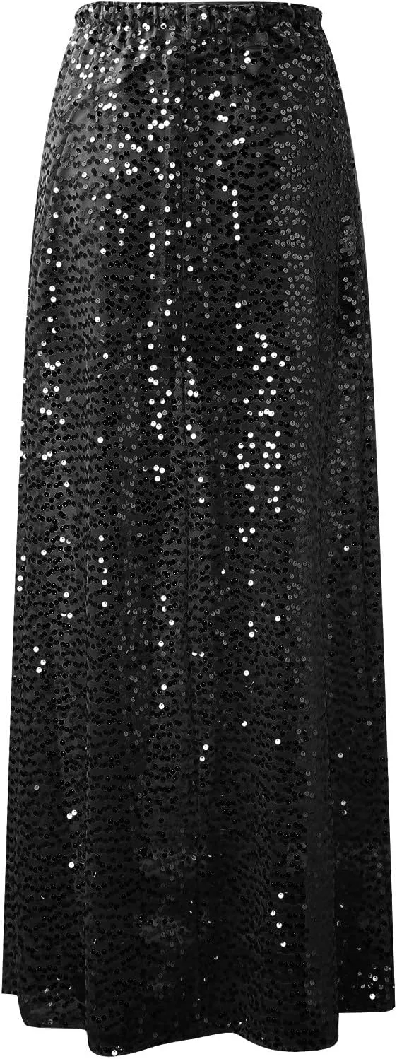 Women's Sequin Maxi Skirts Vintage Elastic High Waist A-Line Skirts Elegant Maxi Cocktail Party Long Skirts