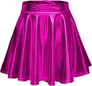 Women's Shiny Flared Metallic Holographic Pleated Mini Skater Skirt High Waist Pleated Skirt Rave Festival