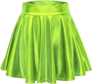 Women's Shiny Flared Metallic Holographic Pleated Mini Skater Skirt High Waist Pleated Skirt Rave Festival