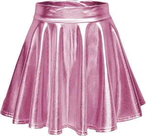 Women's Shiny Flared Metallic Holographic Pleated Mini Skater Skirt High Waist Pleated Skirt Rave Festival