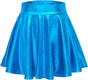 Women's Shiny Flared Metallic Holographic Pleated Mini Skater Skirt High Waist Pleated Skirt Rave Festival