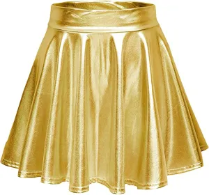 Women's Shiny Flared Metallic Holographic Pleated Mini Skater Skirt High Waist Pleated Skirt Rave Festival