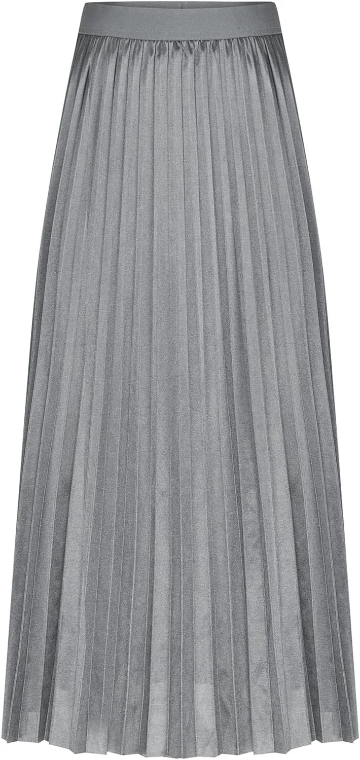 Womens Silk Satin High Waisted Maxi Skirts Dressy Hidden Elasticized Waistband Pleated Flowy Swing A Line Long Skirt