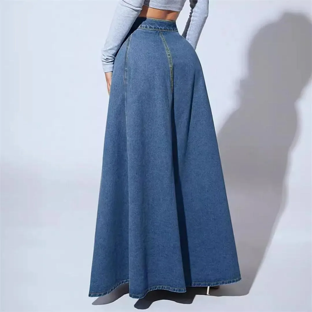 Women's Single-Breasted Denim A-Line Skirt Ankle-Length Loose Fit Retro Slim Casual Skirt