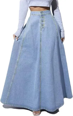 Women's Single-Breasted Denim A-Line Skirt Ankle-Length Loose Fit Retro Slim Casual Skirt