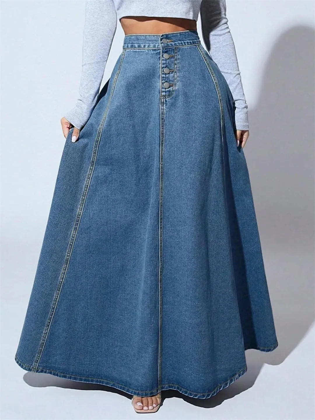Women's Single-Breasted Denim A-Line Skirt Ankle-Length Loose Fit Retro Slim Casual Skirt