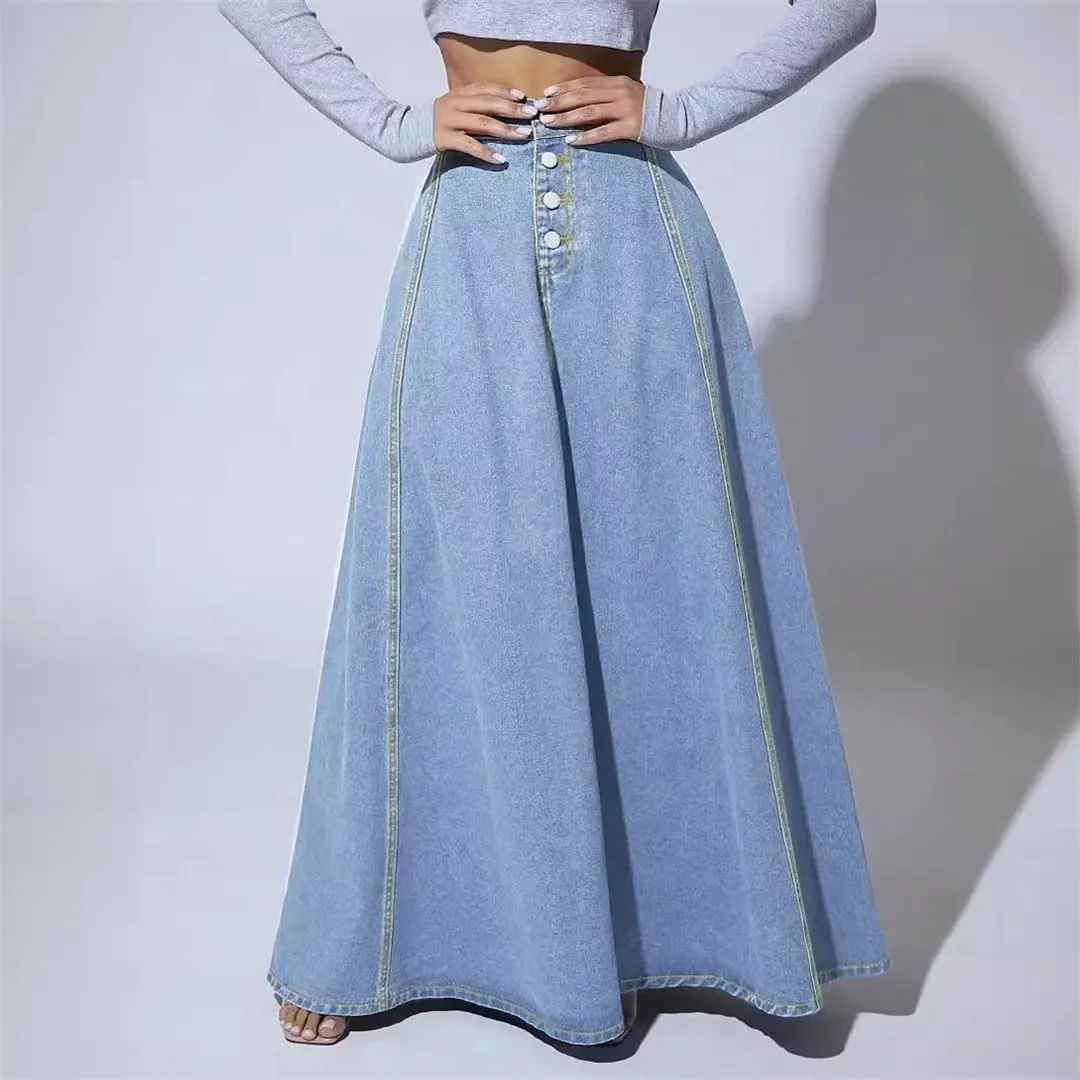 Women's Single-Breasted Denim A-Line Skirt Ankle-Length Loose Fit Retro Slim Casual Skirt