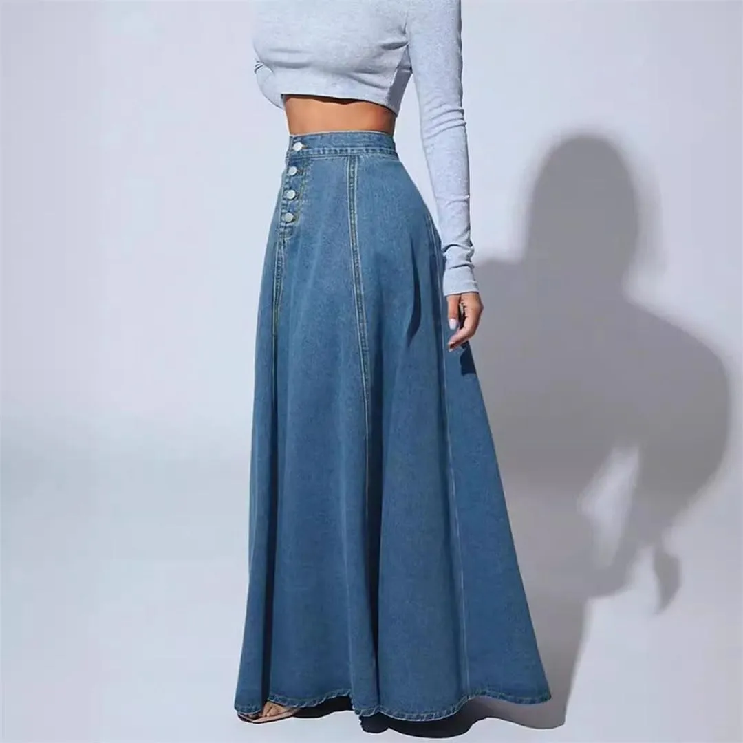 Women's Single-Breasted Denim A-Line Skirt Ankle-Length Loose Fit Retro Slim Casual Skirt