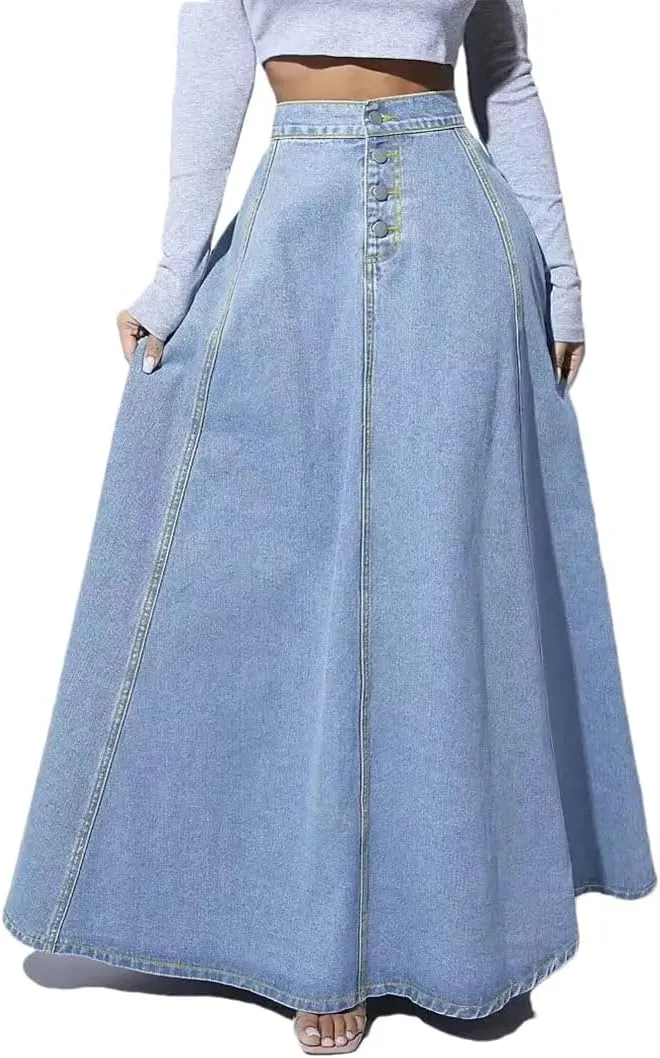 Women's Single-Breasted Denim A-Line Skirt Ankle-Length Loose Fit Retro Slim Casual Skirt