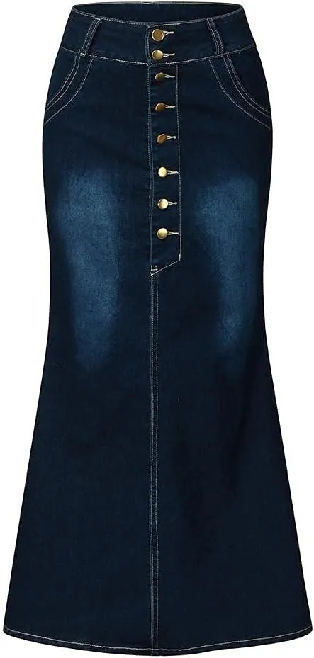 Women's Skirt Skirts Long Front Washed Denim Jean A-Line Casual Button Skirt Skirts for Girls Size 10-12