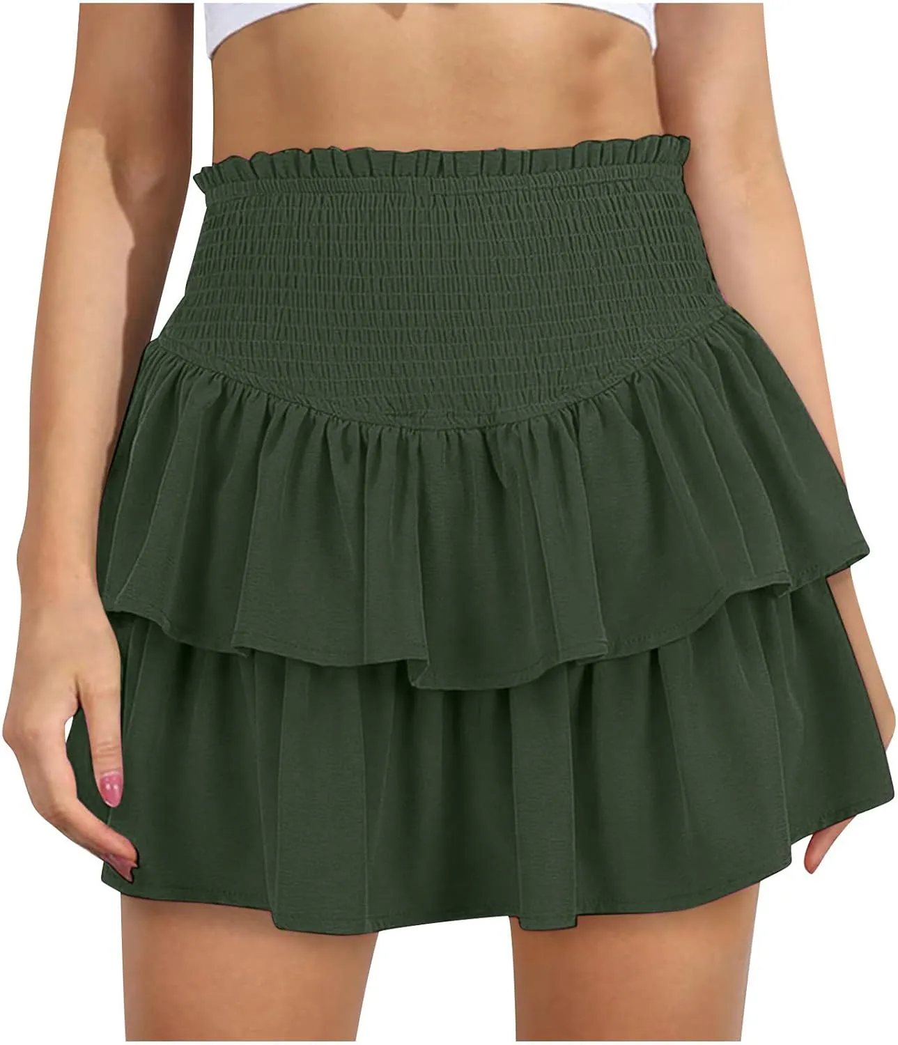 Womens Skorts Summer Casual Flowy Shorts A Line Elastic High Waist Mini Skirts Ruffle Tiered Layered Tennis Skirt