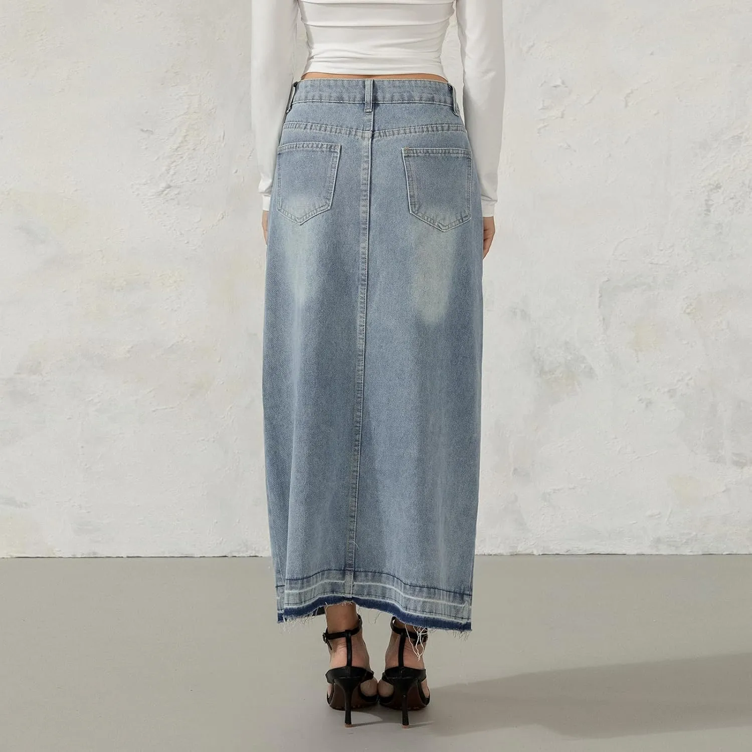 Women's Slit Front Long Denim Skirt Zipper Button Fly Stretch High Waisted Cargo Maxi Jean Skirt with Pockets