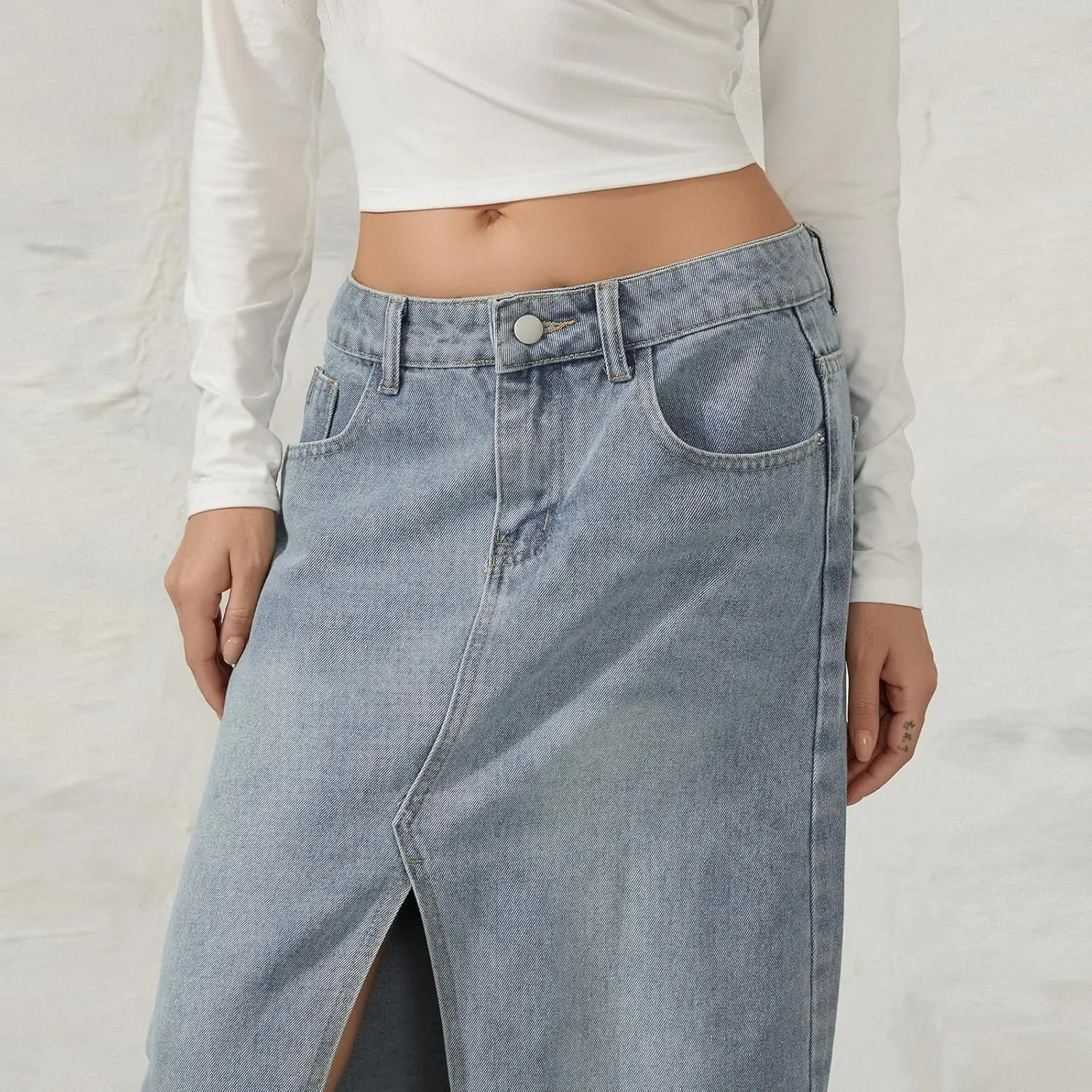 Women's Slit Front Long Denim Skirt Zipper Button Fly Stretch High Waisted Cargo Maxi Jean Skirt with Pockets