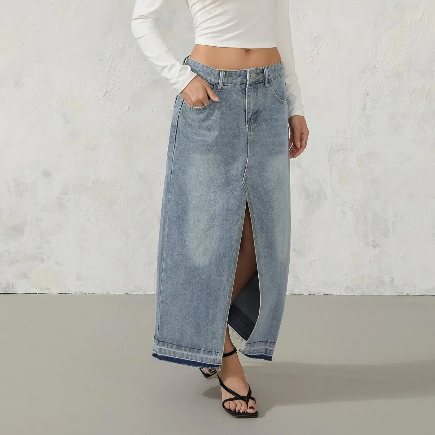Women's Slit Front Long Denim Skirt Zipper Button Fly Stretch High Waisted Cargo Maxi Jean Skirt with Pockets