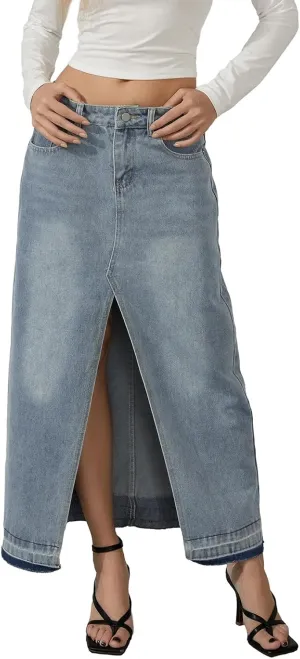 Women's Slit Front Long Denim Skirt Zipper Button Fly Stretch High Waisted Cargo Maxi Jean Skirt with Pockets