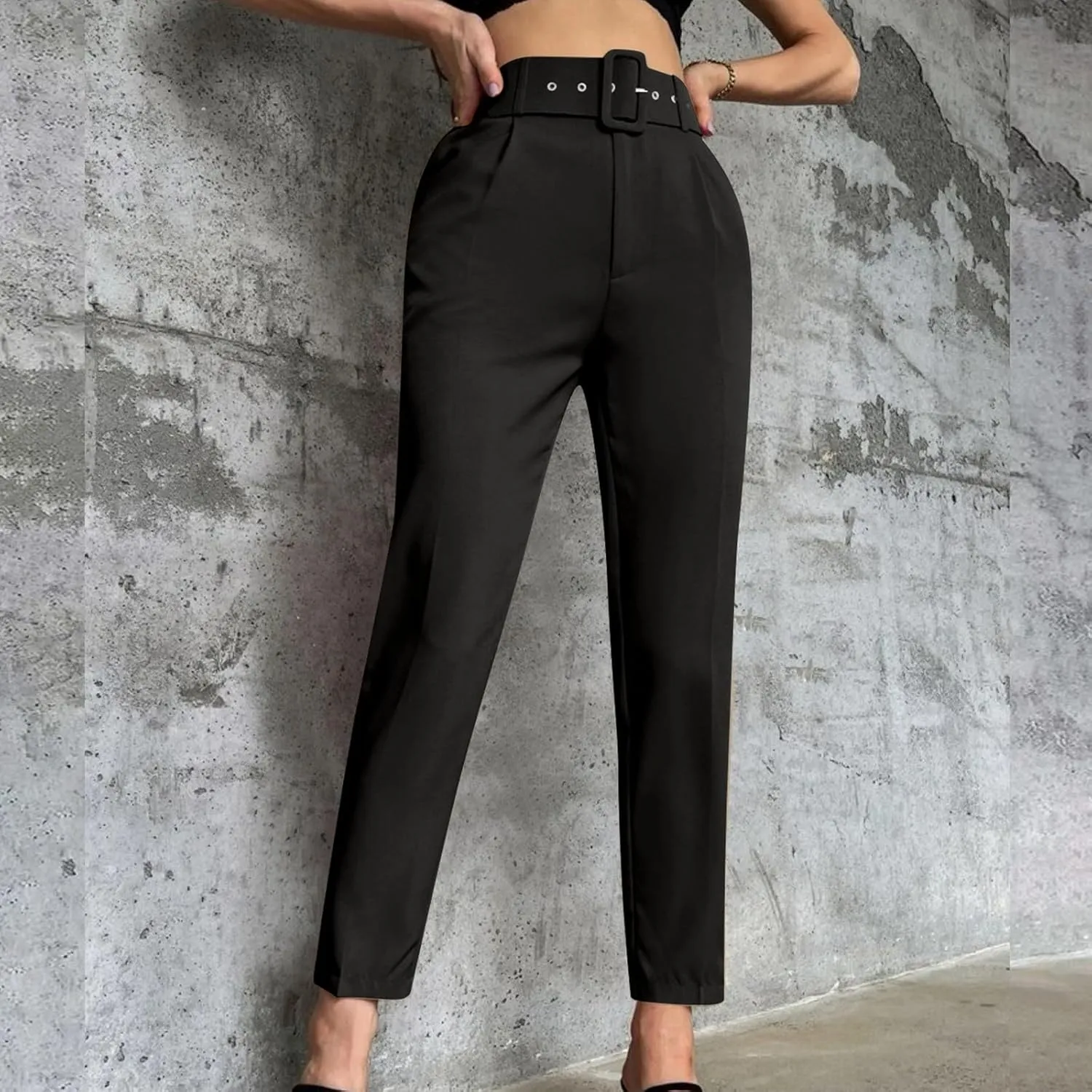 Women's Solid Color High Waisted Slim Straight Leg Nine Point Pants Dressy Casual Cropped Trousers Ankle Trousers
