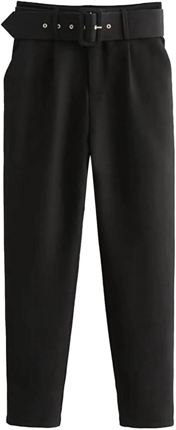 Women's Solid Color High Waisted Slim Straight Leg Nine Point Pants Dressy Casual Cropped Trousers Ankle Trousers