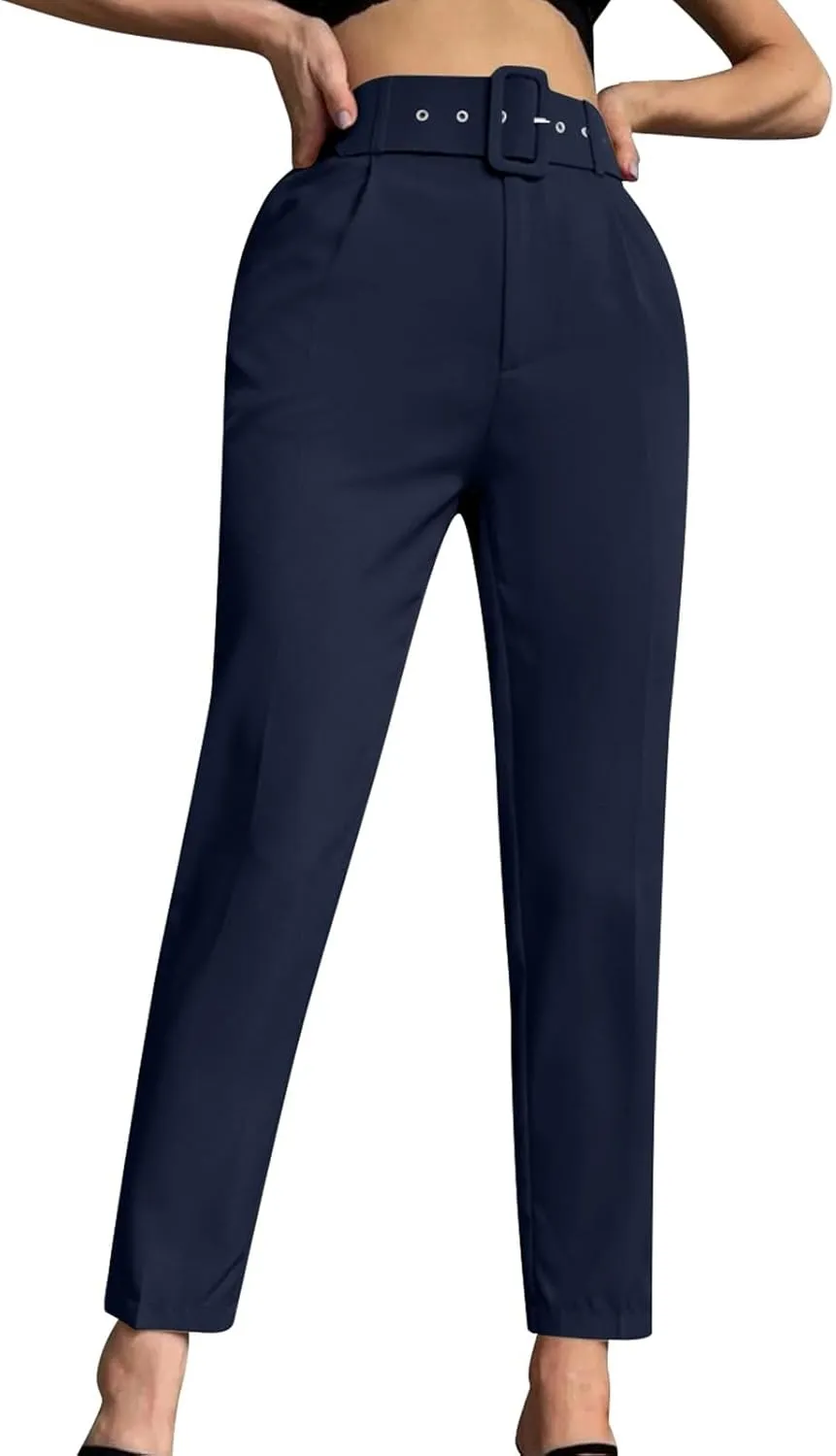 Women's Solid Color High Waisted Slim Straight Leg Nine Point Pants Dressy Casual Cropped Trousers Ankle Trousers