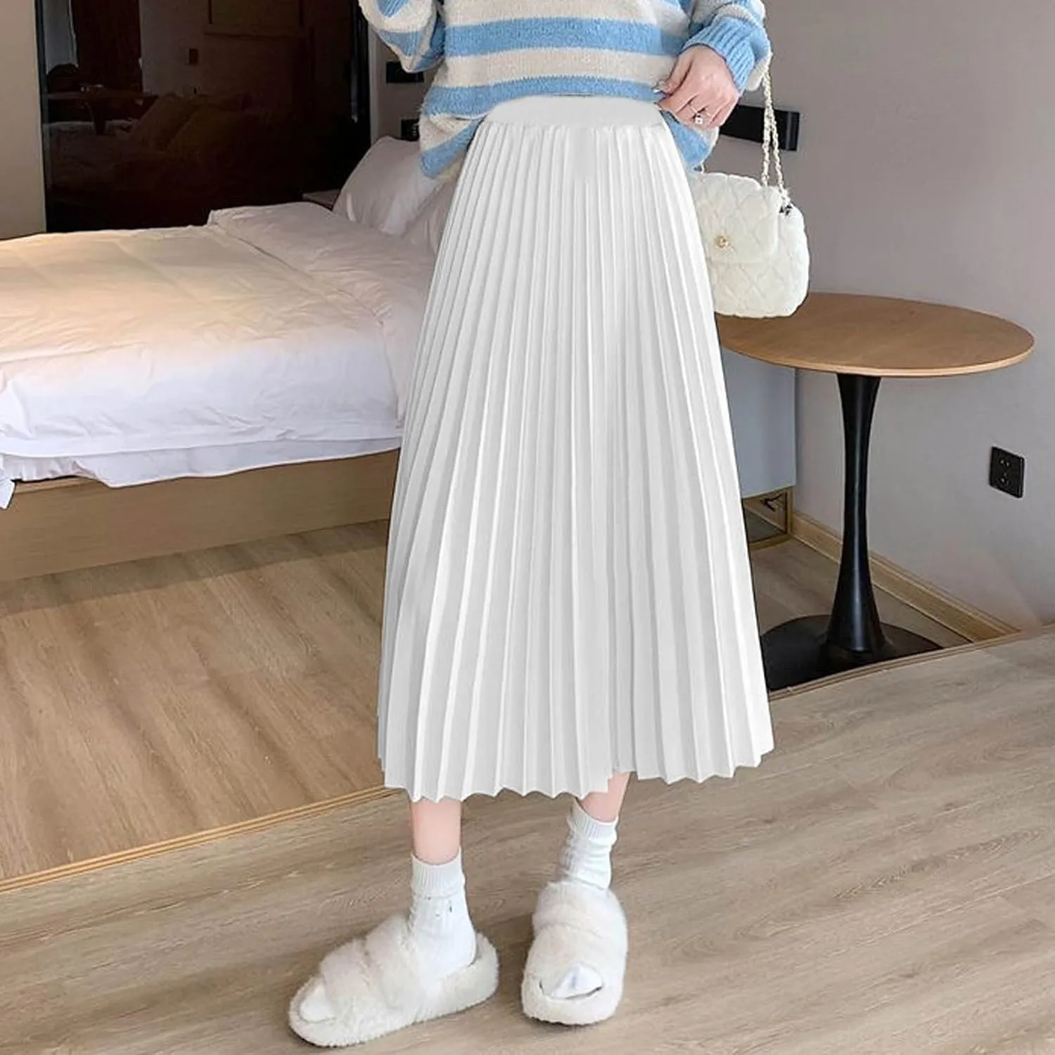 Women's Solid Color Ruched Casual Long Skirt, High Waist Silk Satin A-Line Skirts Summer Flowy Comfy Vacation Clothes