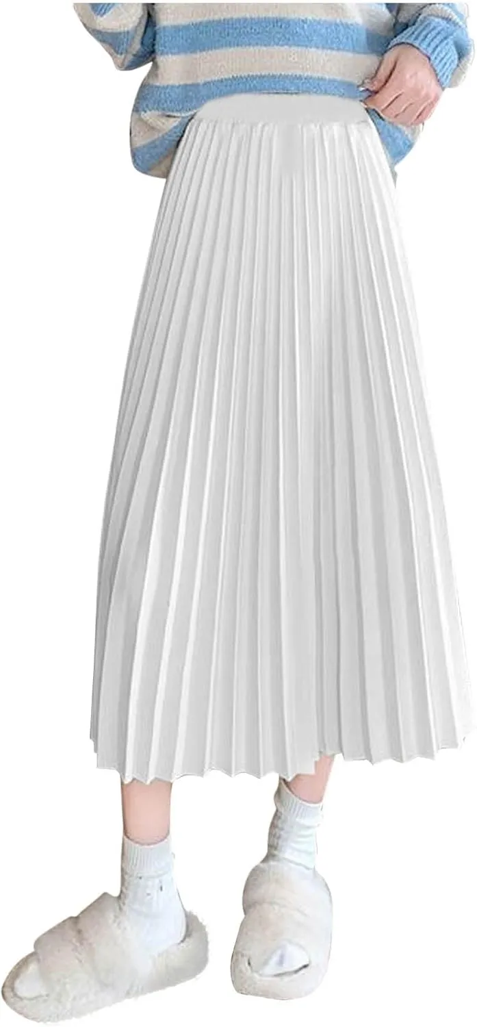 Women's Solid Color Ruched Casual Long Skirt, High Waist Silk Satin A-Line Skirts Summer Flowy Comfy Vacation Clothes