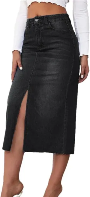 Women's Solid Denim A-Line Skirt Slim Fit High Waist with Pockets Side Slit Casual Streetwear Skirt for Spring Autumn
