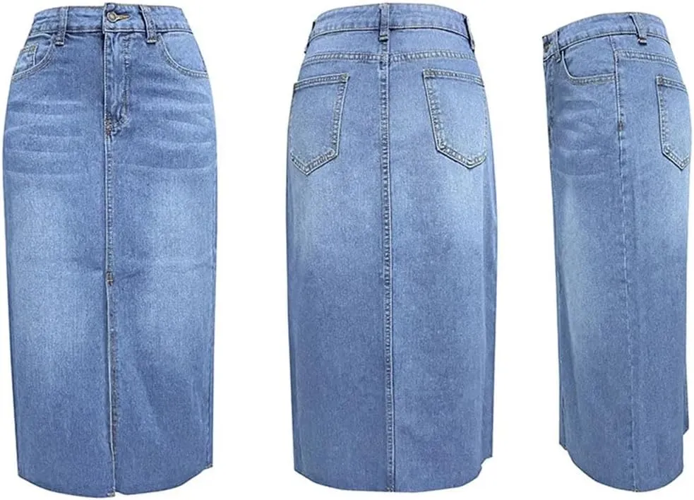 Women's Solid Denim A-Line Skirt Slim Fit High Waist with Pockets Side Slit Casual Streetwear Skirt for Spring Autumn