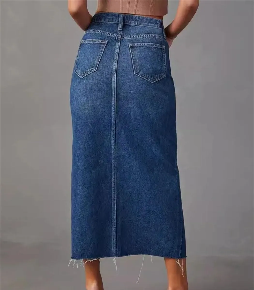 Women's Solid Denim A-Line Skirt Slim Fit High Waist with Pockets Side Slit Casual Streetwear Skirt for Spring Autumn
