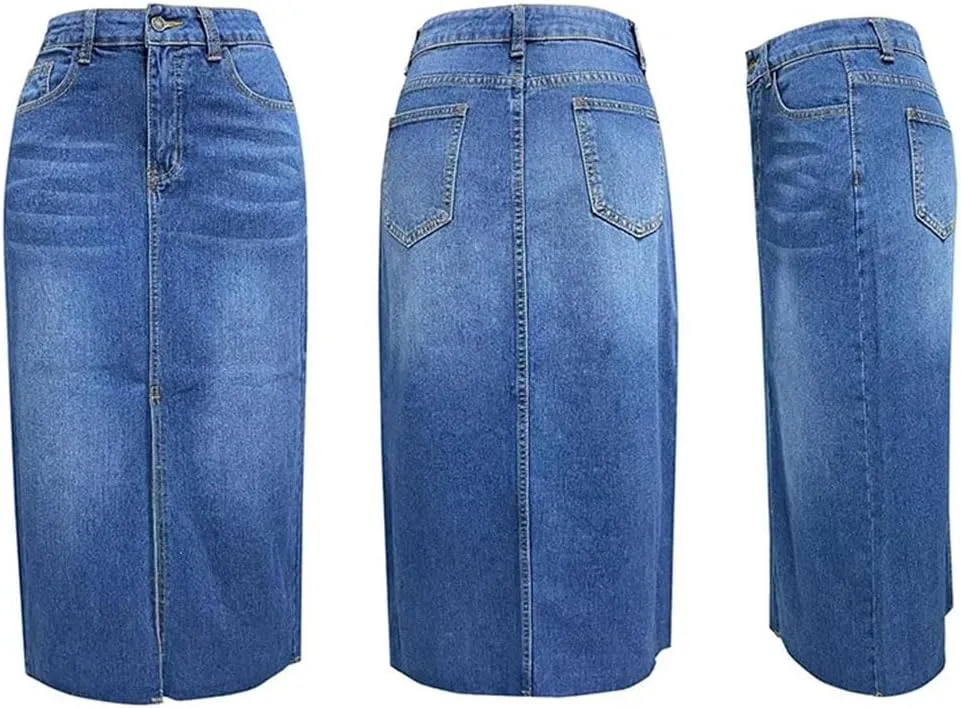 Women's Solid Denim A-Line Skirt Slim Fit High Waist with Pockets Side Slit Casual Streetwear Skirt for Spring Autumn