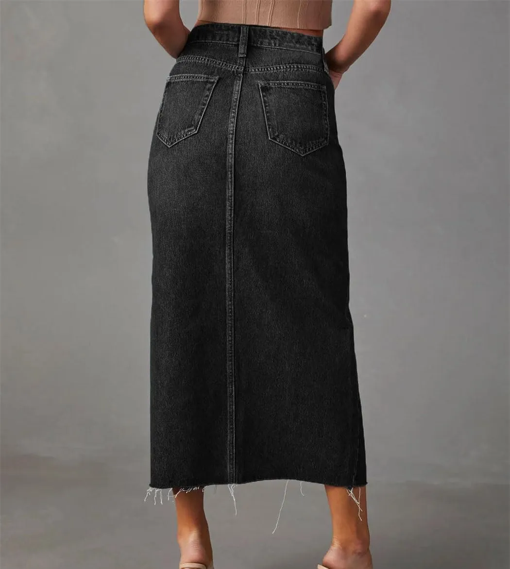 Women's Solid Denim A-Line Skirt Slim Fit High Waist with Pockets Side Slit Casual Streetwear Skirt for Spring Autumn