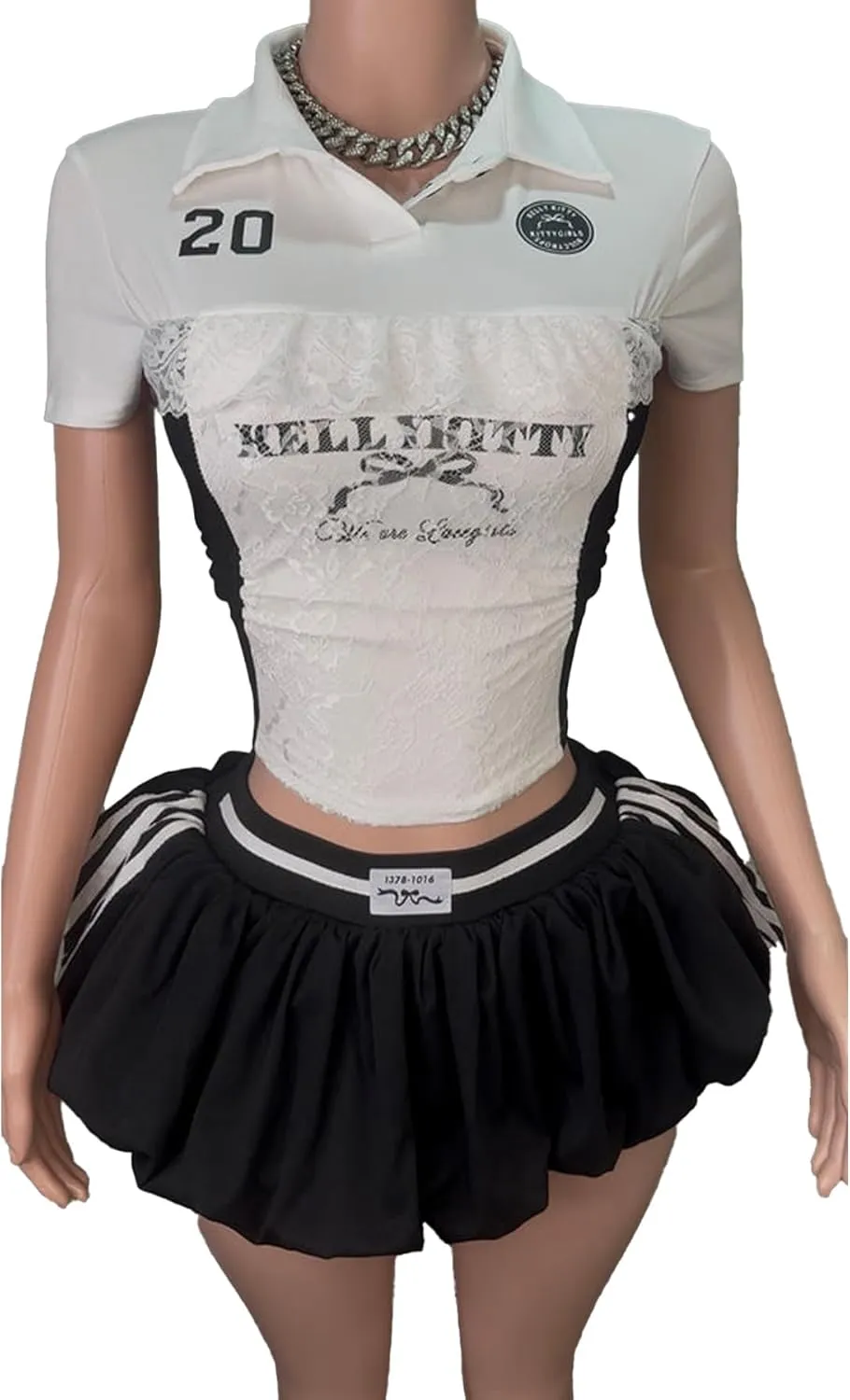 Women's Sport Skirt Set 2 Piece Lace Combo Top & Bubble Mini Skirt Set Sexy Short Sleeve Bodycon Y2k Party Club