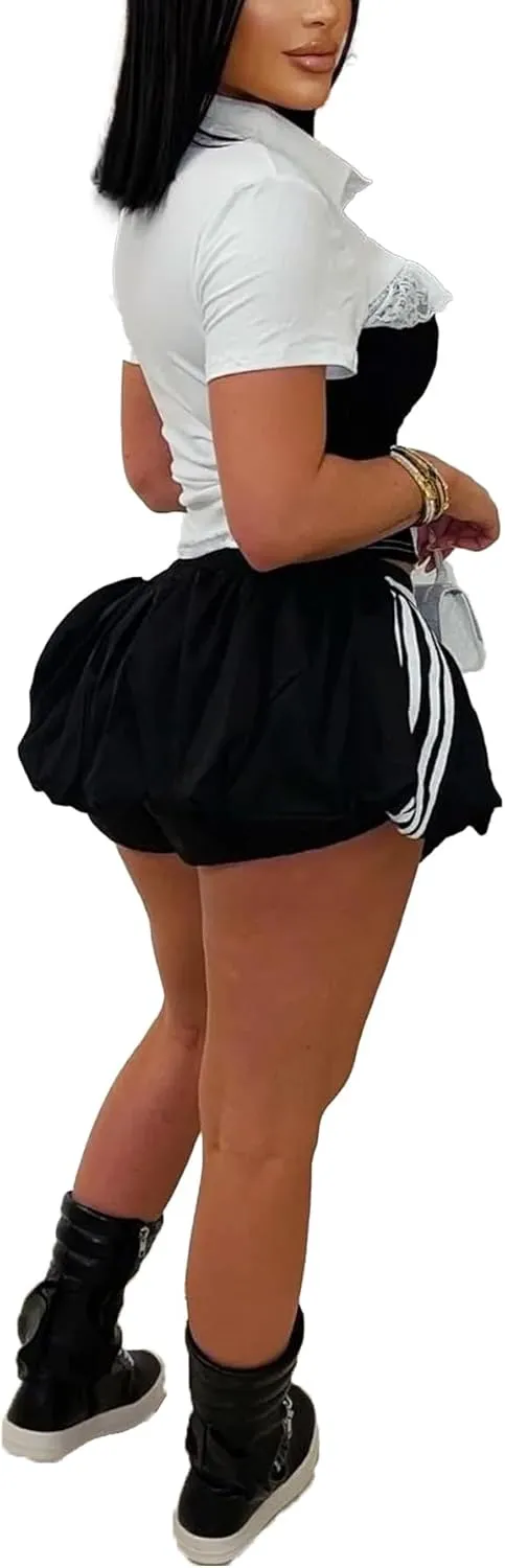Women's Sport Skirt Set 2 Piece Lace Combo Top & Bubble Mini Skirt Set Sexy Short Sleeve Bodycon Y2k Party Club