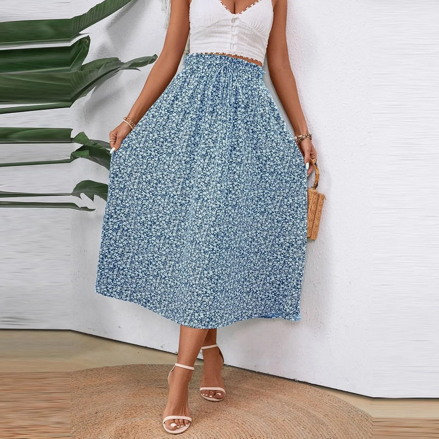 Women's Summer Boho Floral Maxi Skirt Casual High Waist Flowy Swing Tiered A Line Beach Long Skirts