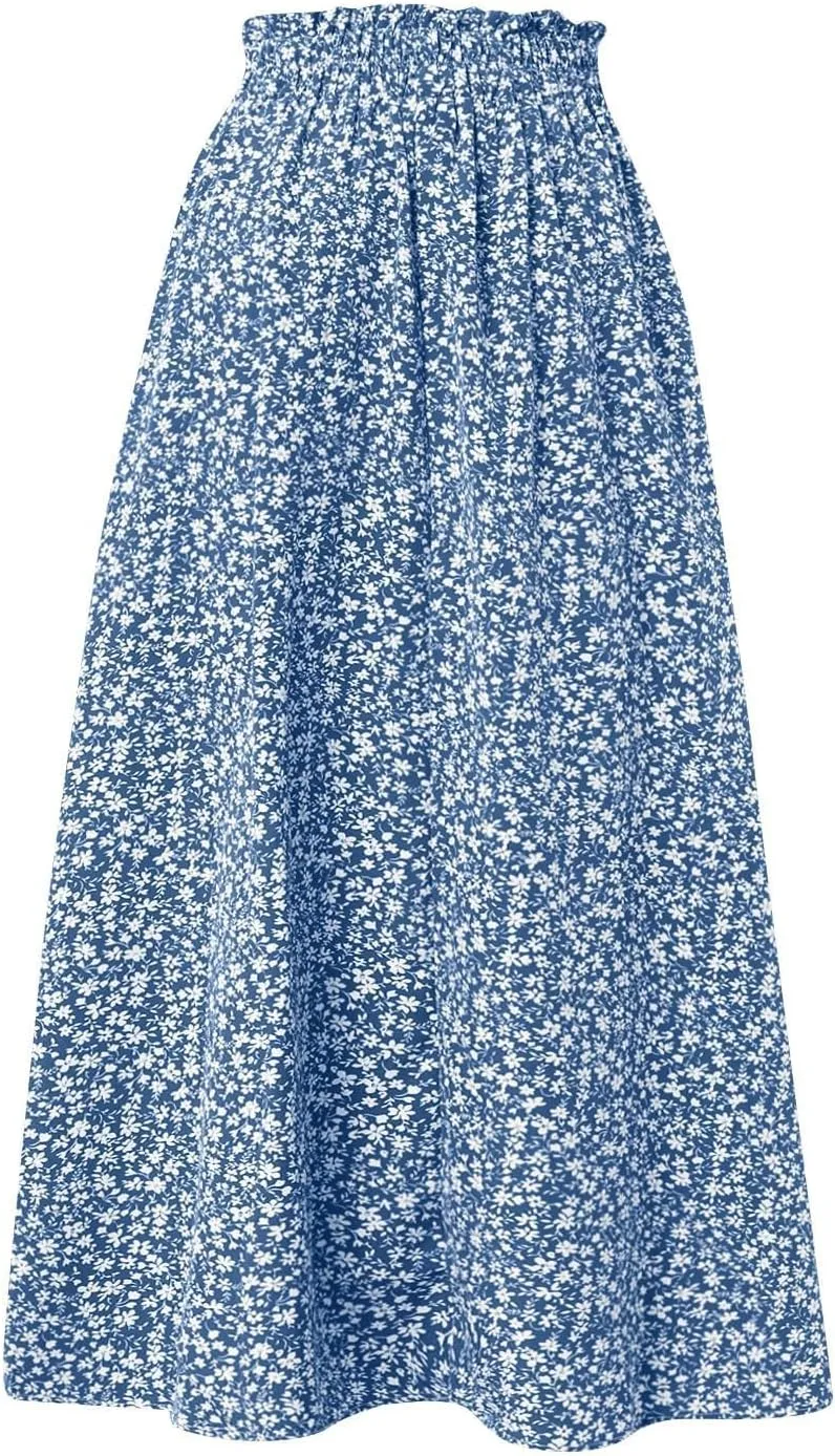 Women's Summer Boho Floral Maxi Skirt Casual High Waist Flowy Swing Tiered A Line Beach Long Skirts