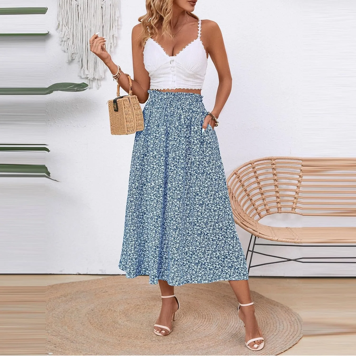 Women's Summer Boho Floral Maxi Skirt Casual High Waist Flowy Swing Tiered A Line Beach Long Skirts