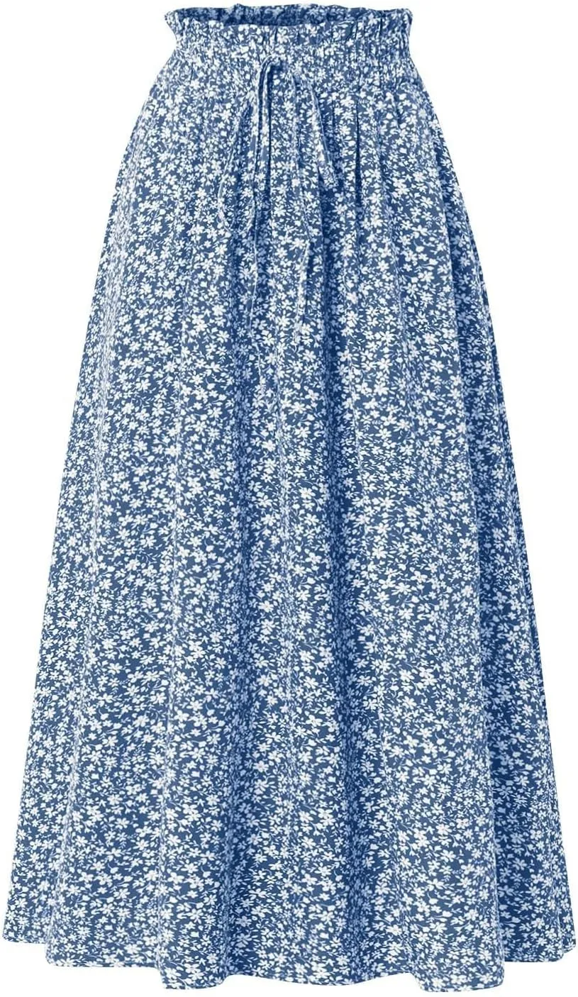Women's Summer Boho Floral Maxi Skirt Casual High Waist Flowy Swing Tiered A Line Beach Long Skirts