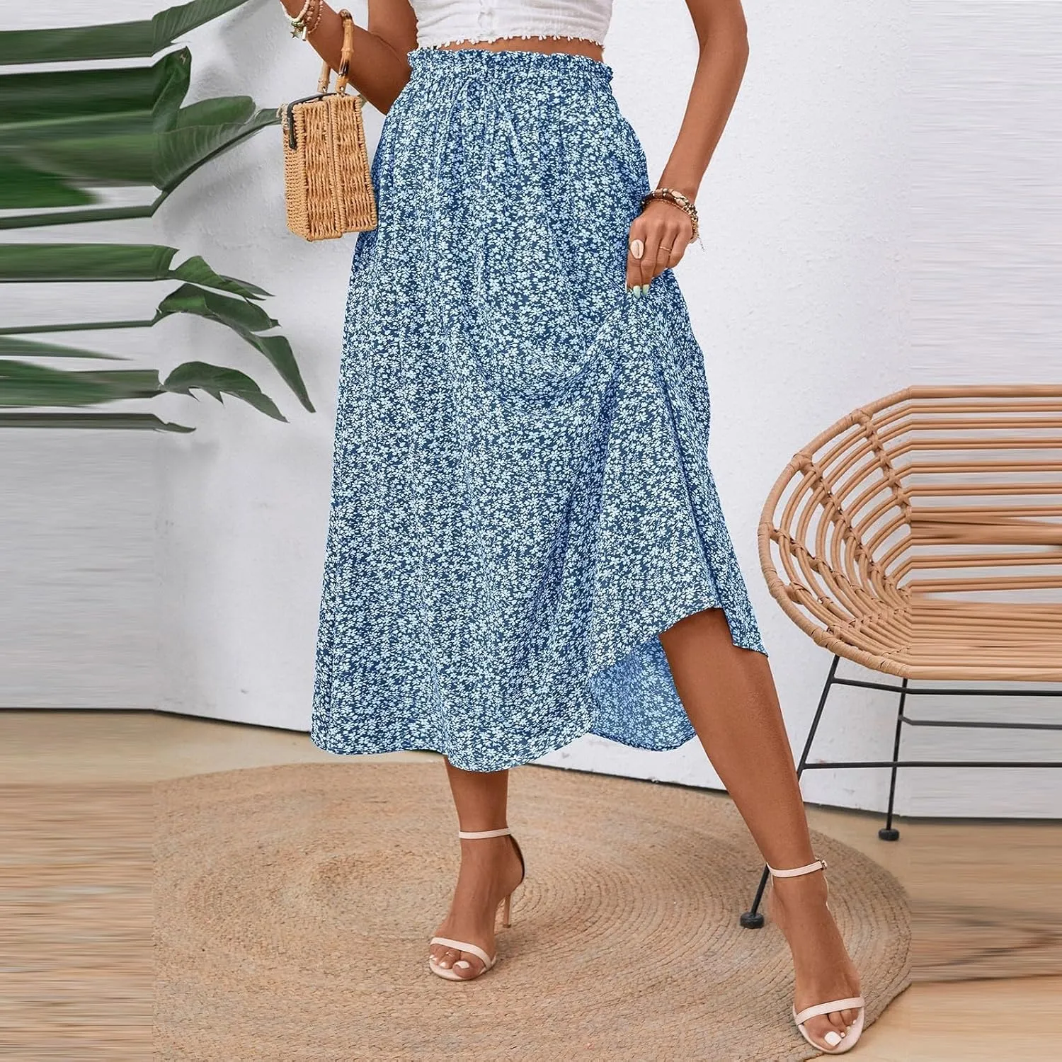 Women's Summer Boho Floral Maxi Skirt Casual High Waist Flowy Swing Tiered A Line Beach Long Skirts