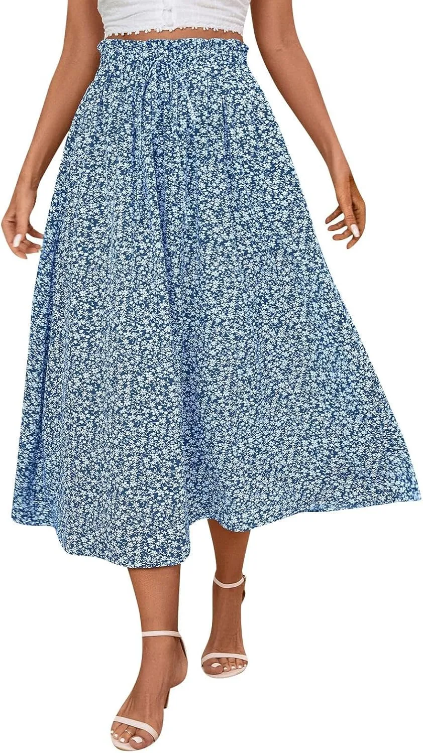 Women's Summer Boho Floral Maxi Skirt Casual High Waist Flowy Swing Tiered A Line Beach Long Skirts