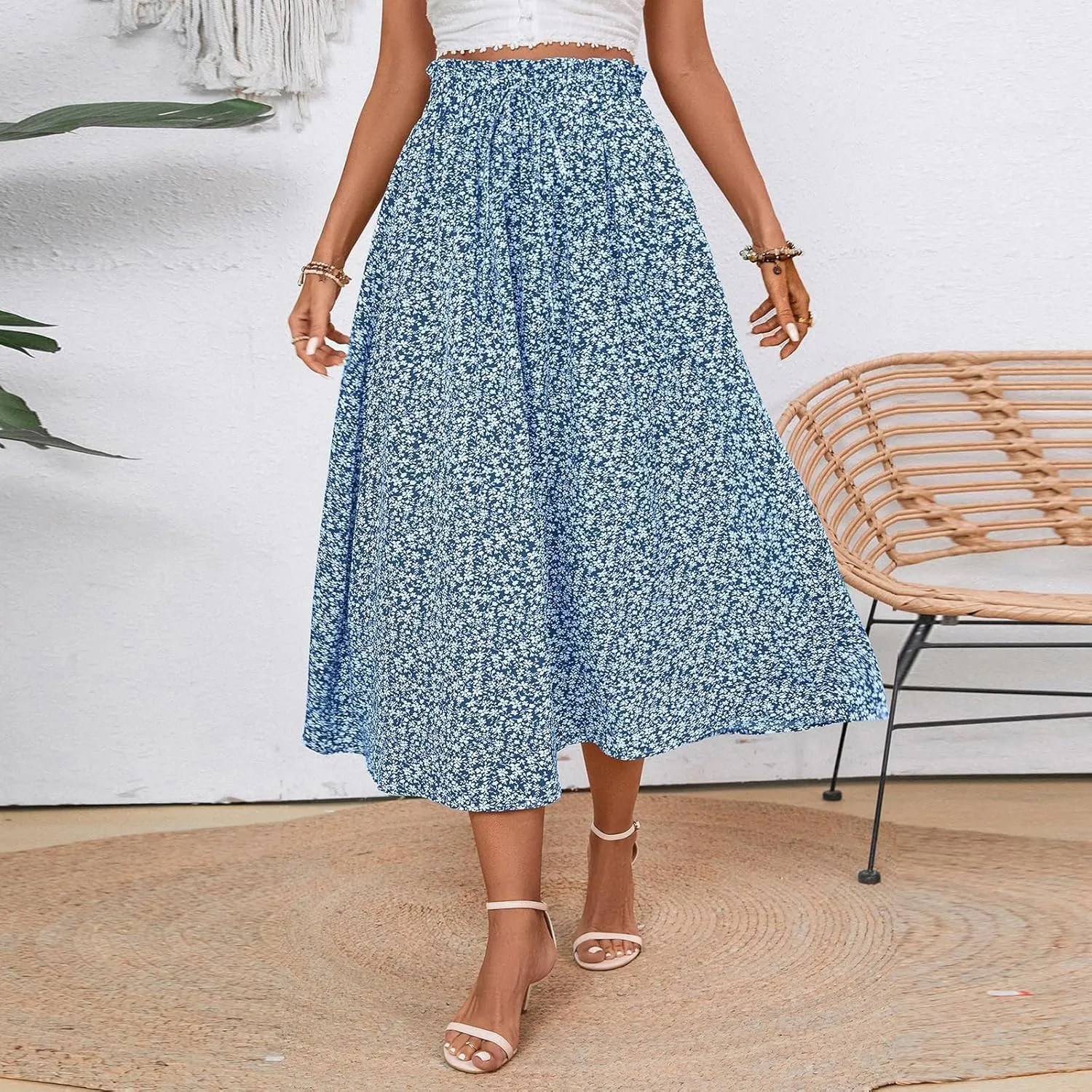 Women's Summer Boho Floral Maxi Skirt Casual High Waist Flowy Swing Tiered A Line Beach Long Skirts