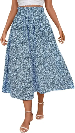 Women's Summer Boho Floral Maxi Skirt Casual High Waist Flowy Swing Tiered A Line Beach Long Skirts