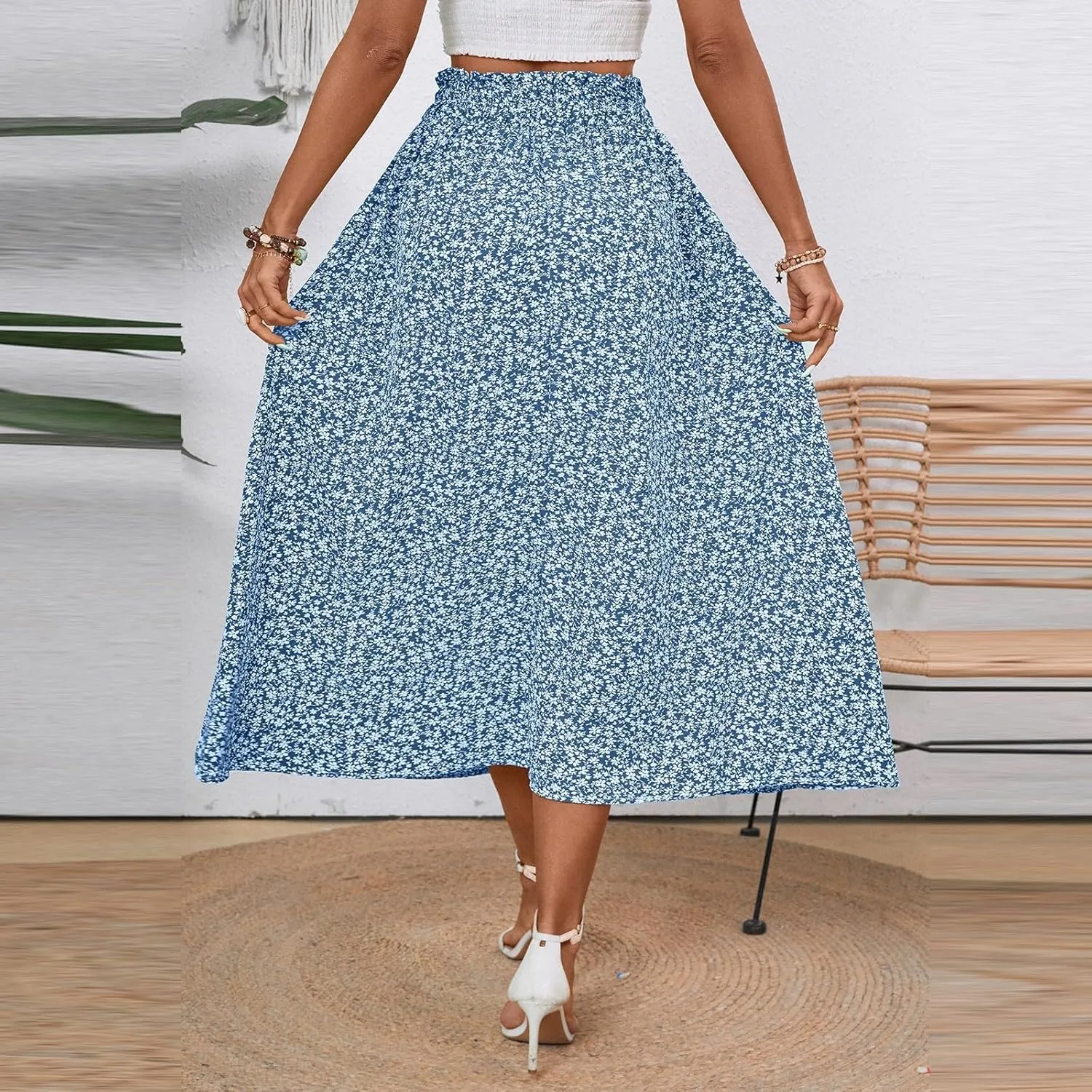 Women's Summer Boho Floral Maxi Skirt Casual High Waist Flowy Swing Tiered A Line Beach Long Skirts
