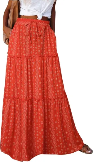 Womens Summer Boho Flowy Swing Tiered A-Line Maxi Skirt 2025 Fashion Trendy Elastic Waist Pleated Long Beach Dress