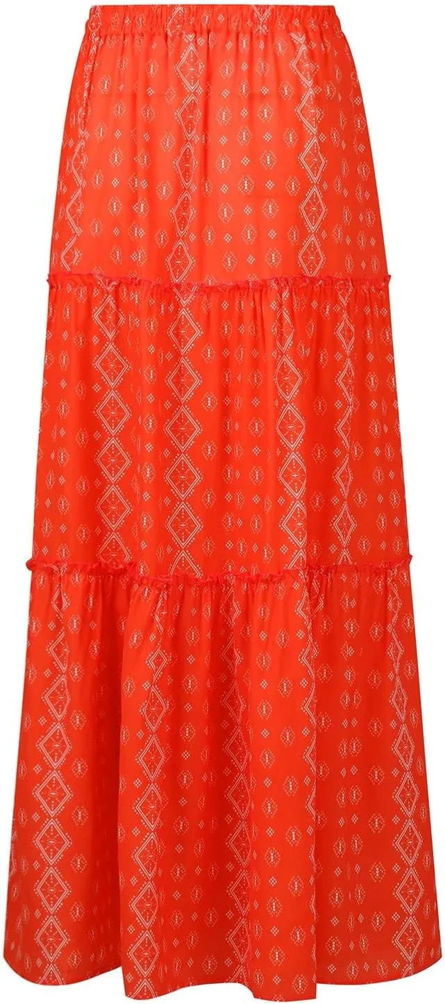 Womens Summer Boho Flowy Swing Tiered A-Line Maxi Skirt 2025 Fashion Trendy Elastic Waist Pleated Long Beach Dress