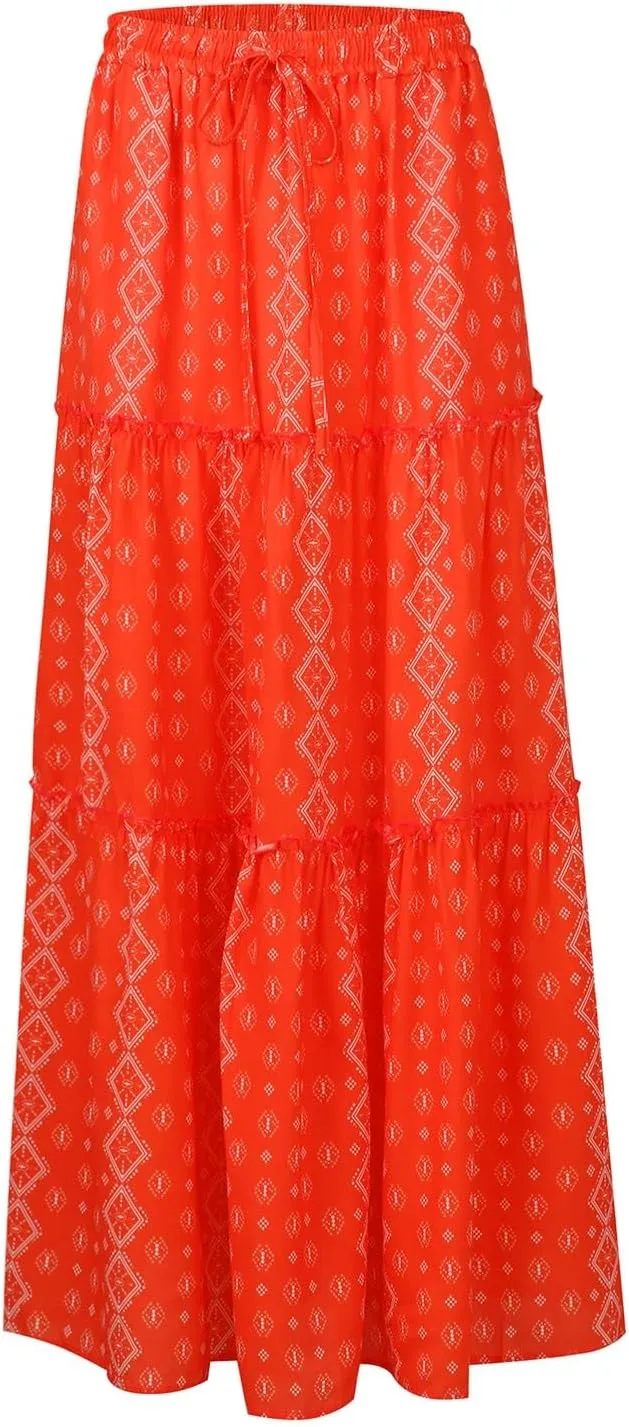 Womens Summer Boho Flowy Swing Tiered A-Line Maxi Skirt 2025 Fashion Trendy Elastic Waist Pleated Long Beach Dress
