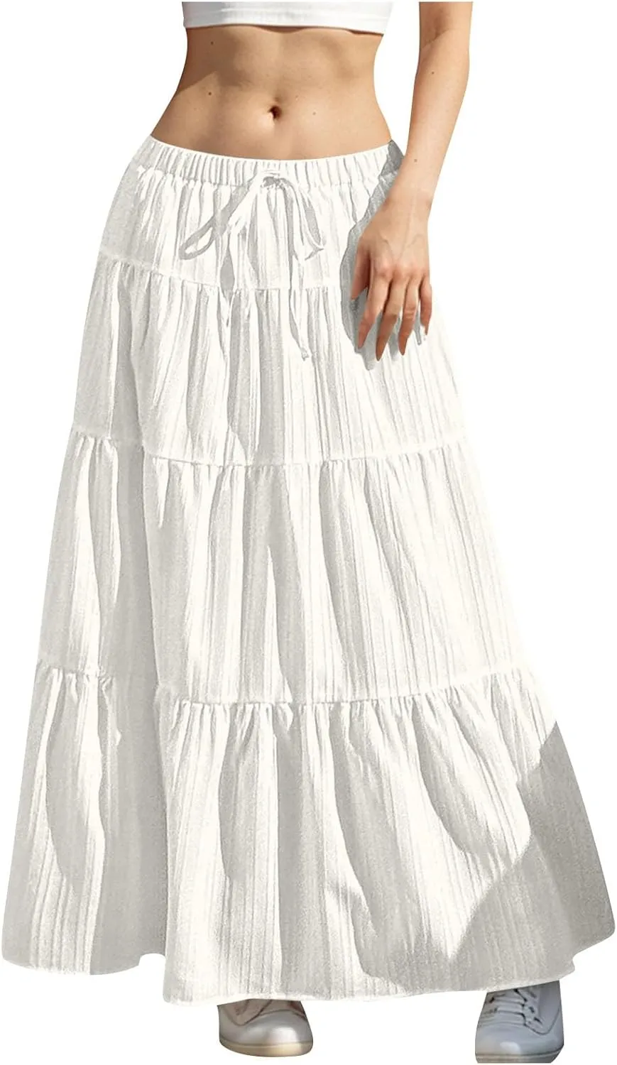 Women's Summer Boho Maxi Skirt Tiered Ruffle A-Line 2025 Fashion Elastic High Waist Skirts Pleated Swing Beachwear
