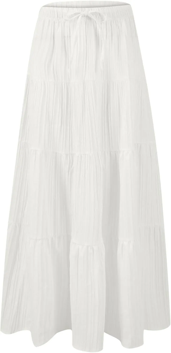Women's Summer Boho Maxi Skirt Tiered Ruffle A-Line 2025 Fashion Elastic High Waist Skirts Pleated Swing Beachwear