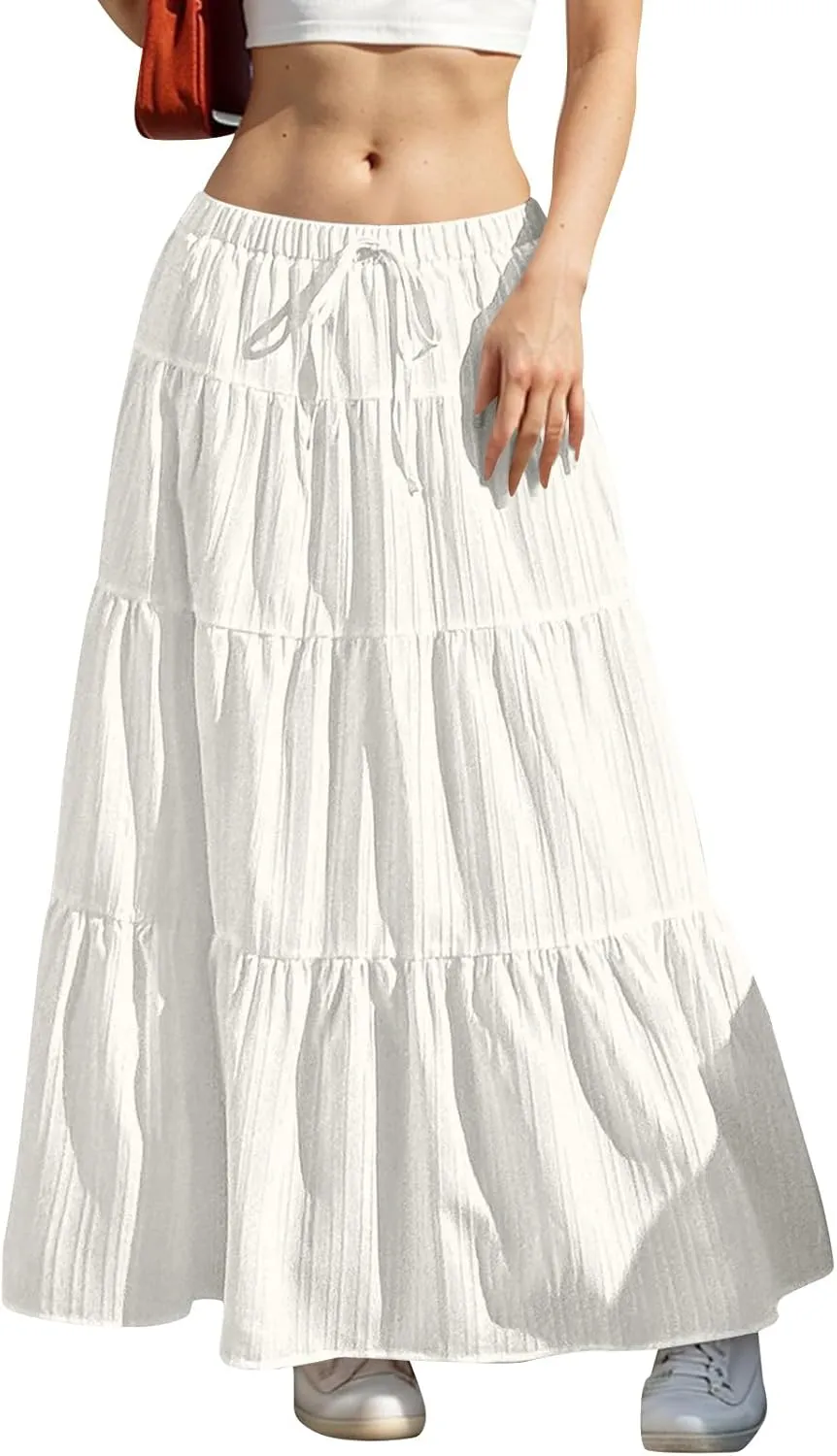 Women's Summer Boho Maxi Skirt Tiered Ruffle A-Line 2025 Fashion Elastic High Waist Skirts Pleated Swing Beachwear