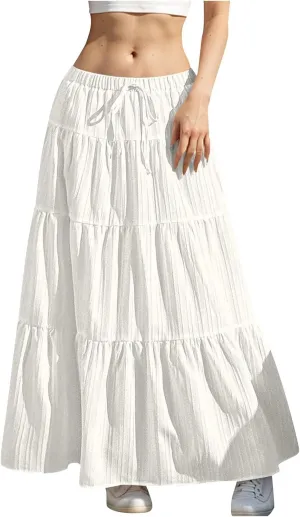 Women's Summer Boho Maxi Skirt Tiered Ruffle A-Line 2025 Fashion Elastic High Waist Skirts Pleated Swing Beachwear