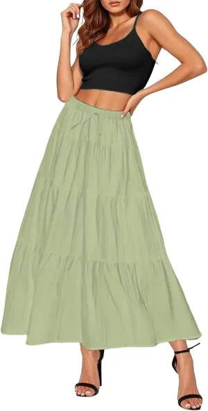 Womens Summer Boho Skirt Drawstring Elastic Waist Flowy Ruffle Elegant Long Dress Pleated Holidays A Line Maxi Skirts