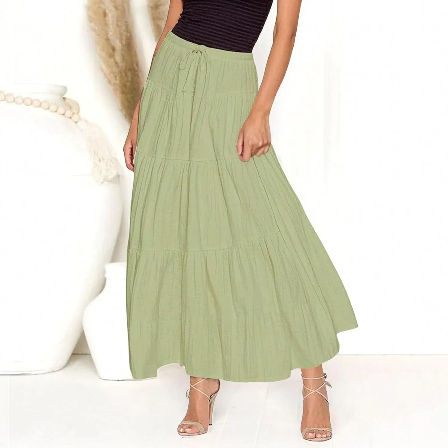 Womens Summer Boho Skirt Drawstring Elastic Waist Flowy Ruffle Elegant Long Dress Pleated Holidays A Line Maxi Skirts