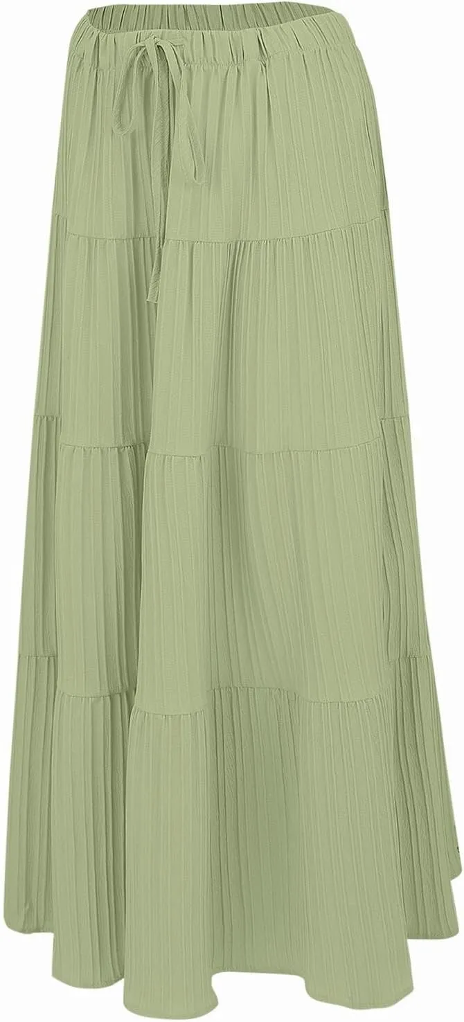 Womens Summer Boho Skirt Drawstring Elastic Waist Flowy Ruffle Elegant Long Dress Pleated Holidays A Line Maxi Skirts